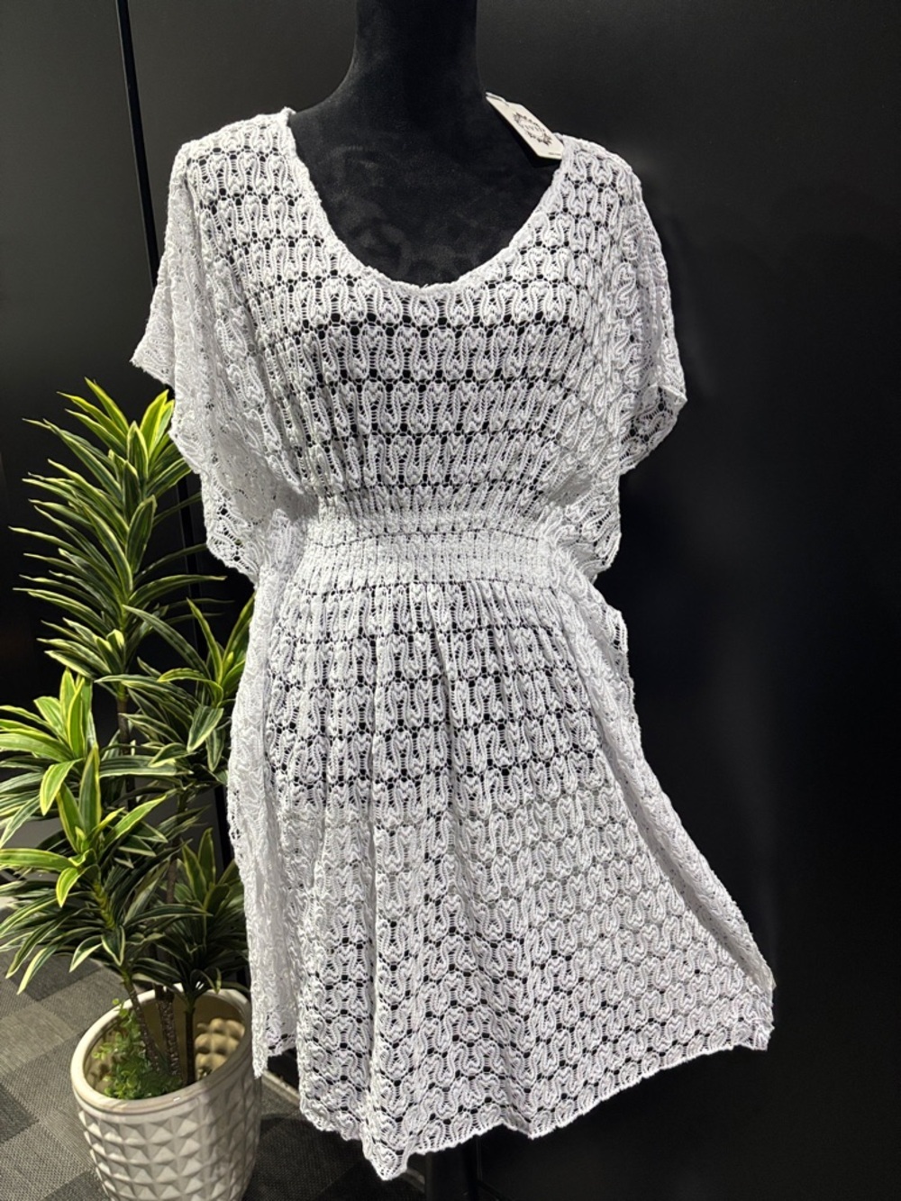 Vivid Crocheted mid length swim coverup, v-neck, butterfly short sleeve